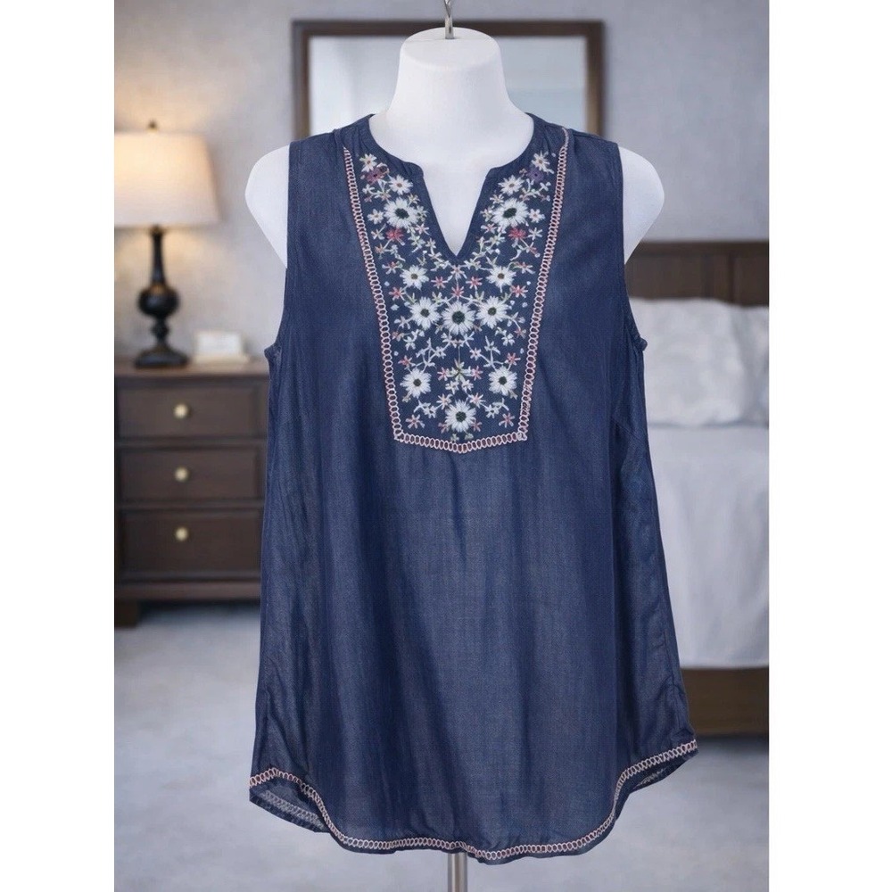 J. Jill Denim Lyocell Chambray Embroidered Sleeveless Popover Top Flowy Size L